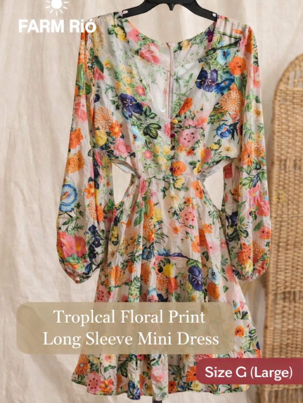 FARM Rio Tropical Floral Print Long Sleeve Mini Dress - Size G (Large)